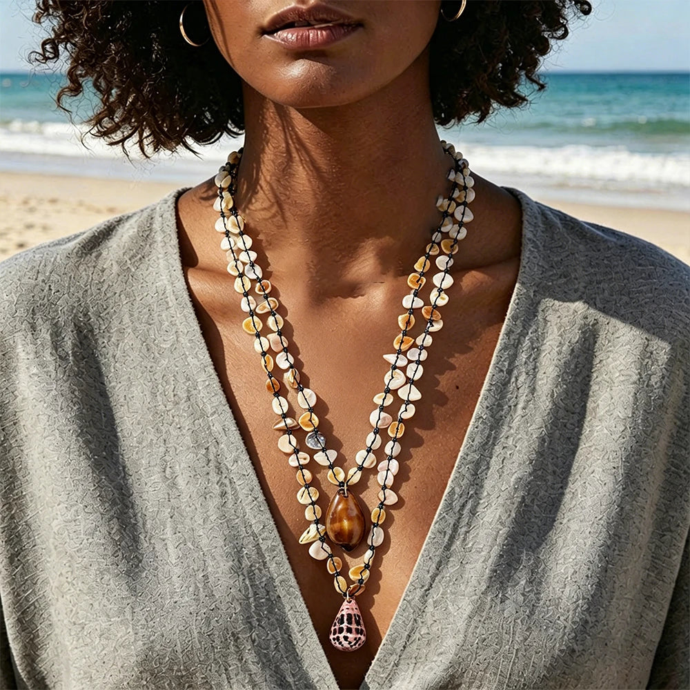 Bohemian Handmade Shell Conch Pendant Necklace for Women Double-layer Long Necklaces Statement Jewelry for Beach Summer 2026