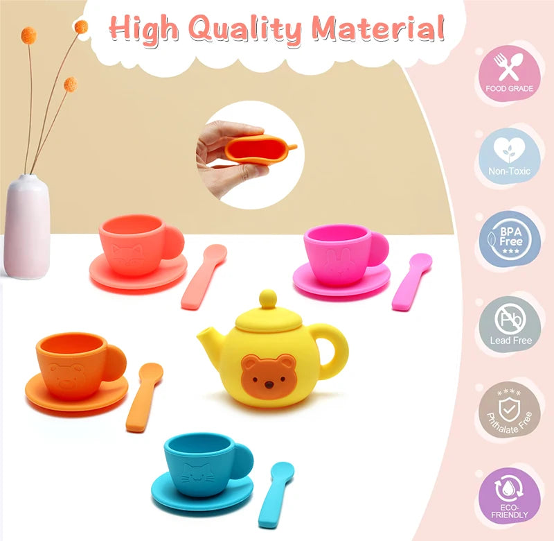 Food Grade Silicone Tea Play Set Toy Pretend Play Food Learning Role Play Game Early Educational Toys for Toddlers Kids Gifts