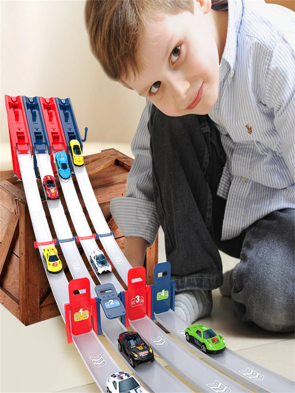 Children's catapult track car, alloy car, multiplayer competitive track car, DIY track assembly, fun toy car