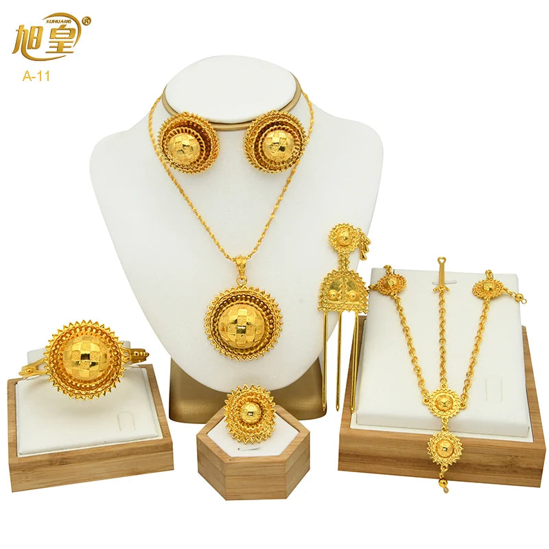 ANIID Ethiopian Gold Color 6pcs Jewelry Sets For Women Dubai Flower Shape Nigerian Luxury Necklace Jewellery Set Wedding Gifts