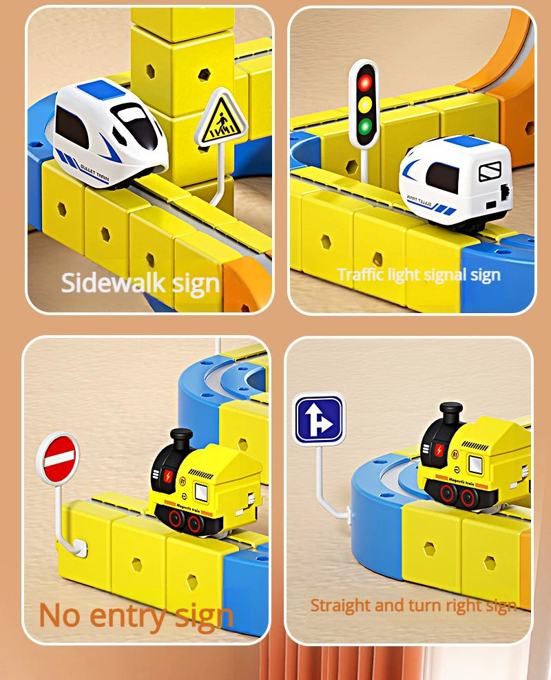 DIY Electric Magnetic Track Set With High-Speed Rail Vehicles STEM Building Game Puzzle Cube Toy for Children Gift(1-100+pieces)