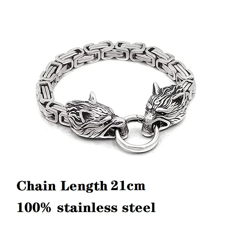 Stainless Steel Wolf Head Pendant Byzantine Emperor Chain Necklace Bracelet Set Norse Viking Amulet Thor Hammer King Jewelry