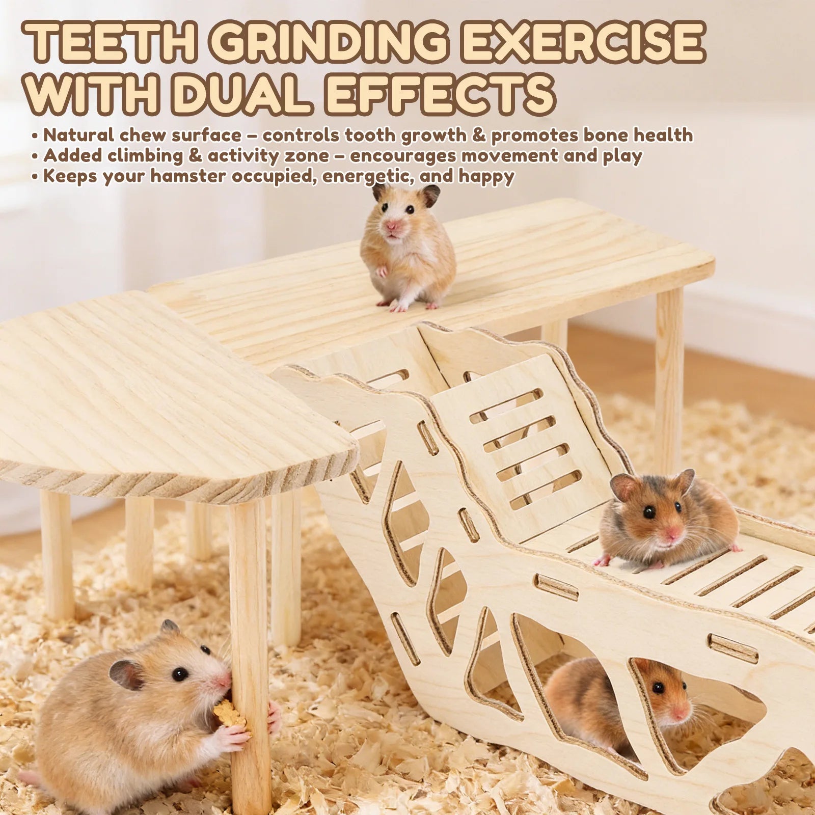 3Pcs Hamster Platform Natural Wood Hamster Climbing Toy with Ramp Tunnel Shelter Small Pet Resting Area Hamster Cage Accessories