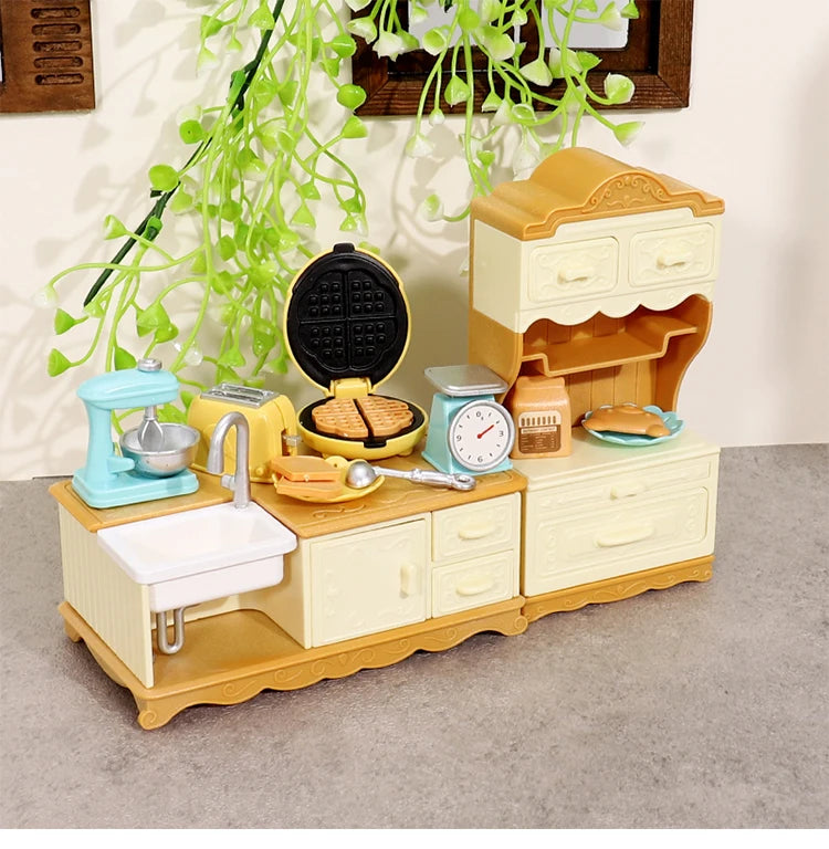 DIY Forest Family 1/12 Kitchen Furniture Bathroom Bedroom Bakeware Sets Miniature Model Dollhouse Accessories Refrigerator Gift