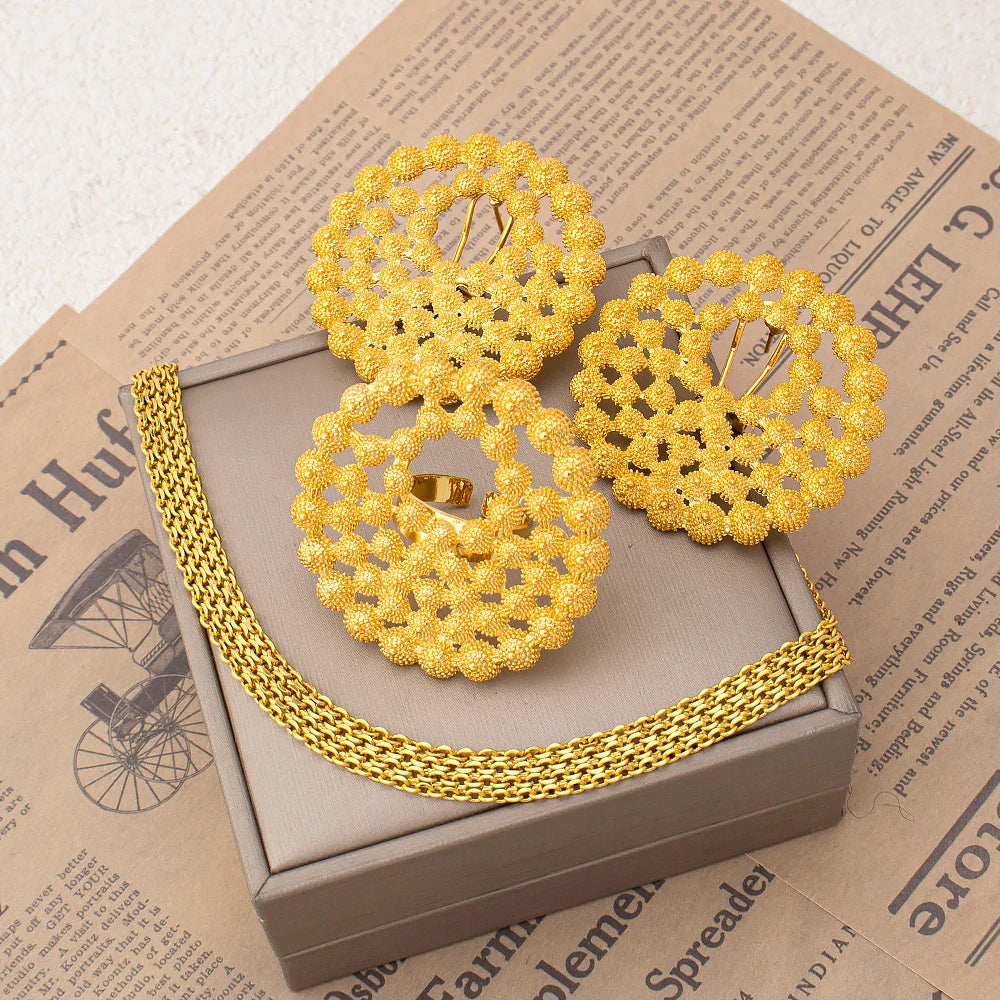 Necklace Earrings Ring Jewelry Set for Women  Gold Plated Clip Earrings and Finger Ring 2Pcs Set for Engagement Daily Wear Gifts