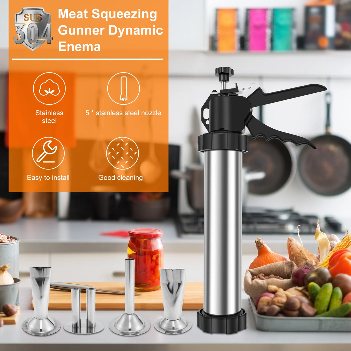 Stainless Steel Sausage Stuffer Jerky Gun Manaul Meat Syringe Home Made Homemade Sausage Tool for Home Kitchen Jerky Stuffer Kit