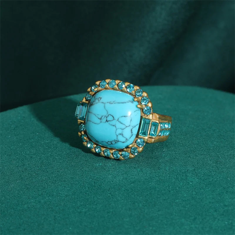 Vintage Wedding Rings for Women Round Blue Natural Oval Green Crystal Horse Eye Shape Glass Retro Pattern Gold Color Jewelry