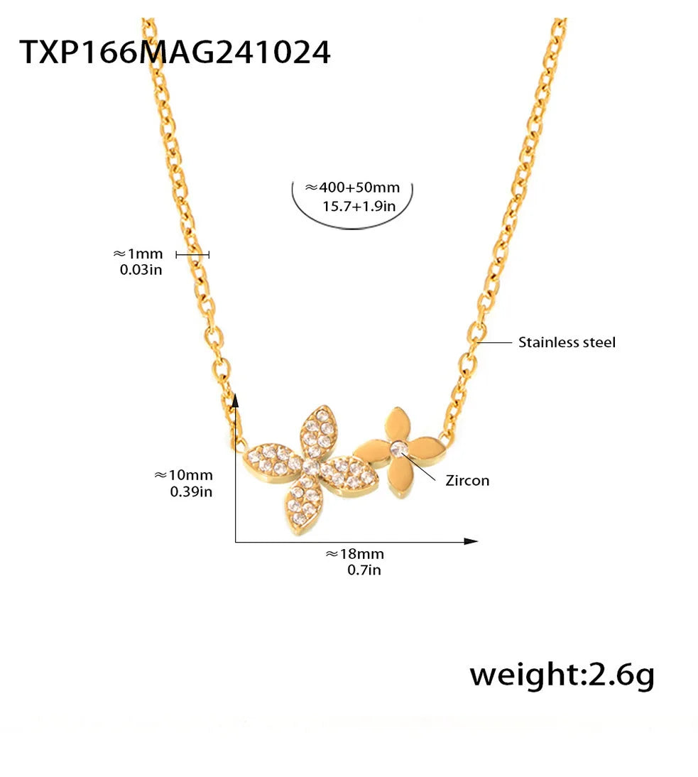 Necklace Bracelet For Women Stainless Steel Zircon Waterproof 4 Petals Flower Pendant Waterproof Chain Charm Jewelry Gift