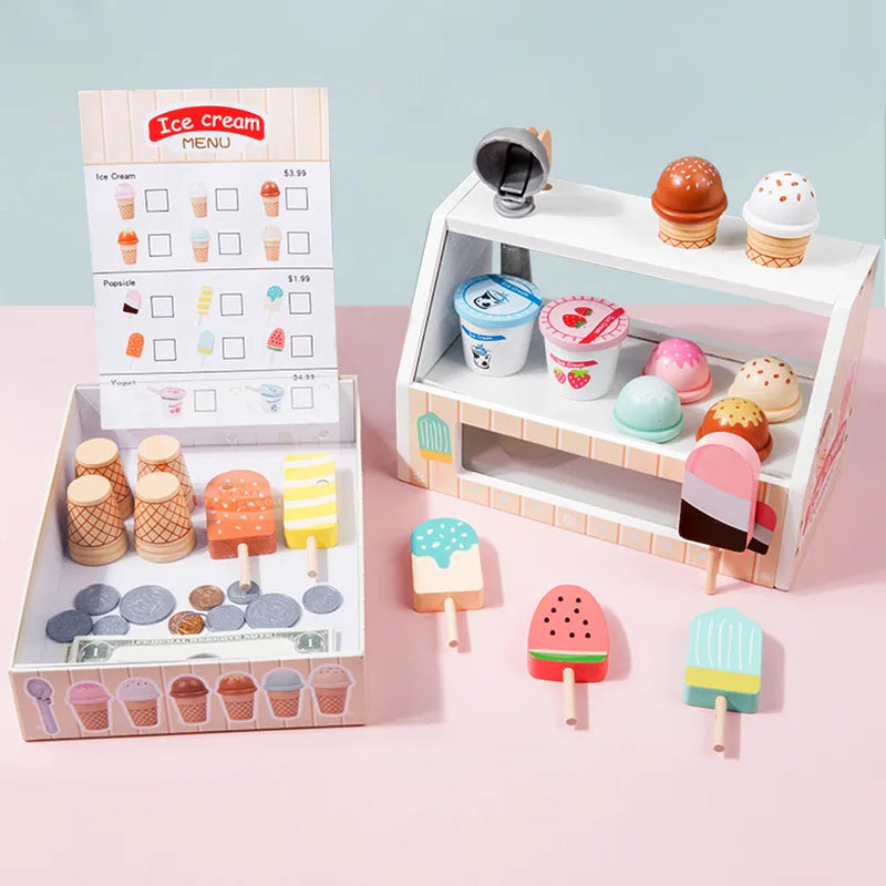 Wooden Ice Cream Toys for Toddler, Play Store Pretend Food Kitchen Accessories with Scoop & Menu & Toy Cash,Christmas Gift