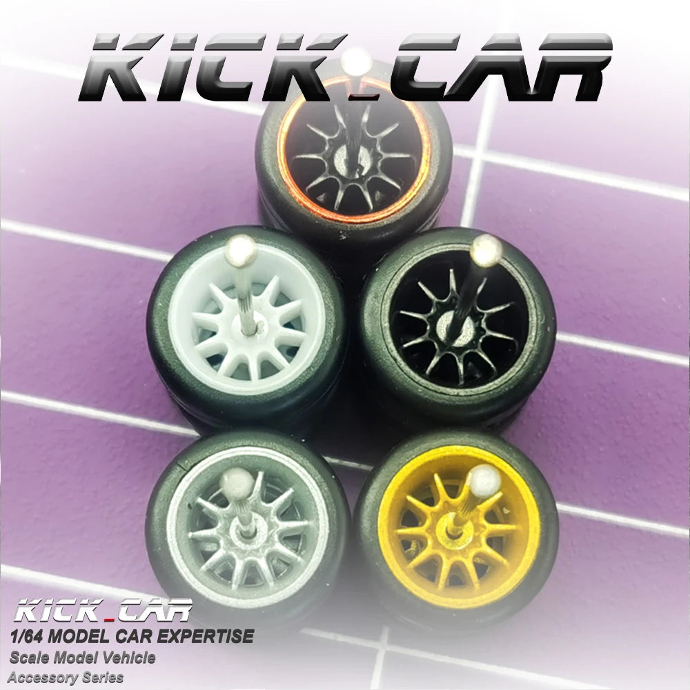 1/64 Wheels with Fixed Rubber Tires Ten Spoke for Toy Model Diecast Cars Refiting Parts for Hotwheels (5 sets for 5 Cars)