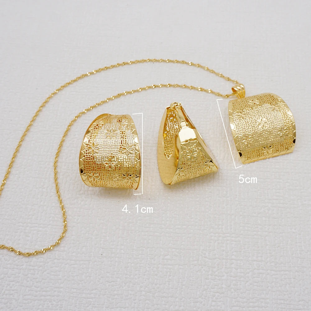 Fashion Dubai Jewelry Sets Gold Color Pendant Copper Classic Earrings Necklace For Women Daily Wear Party Anniversary Gifts