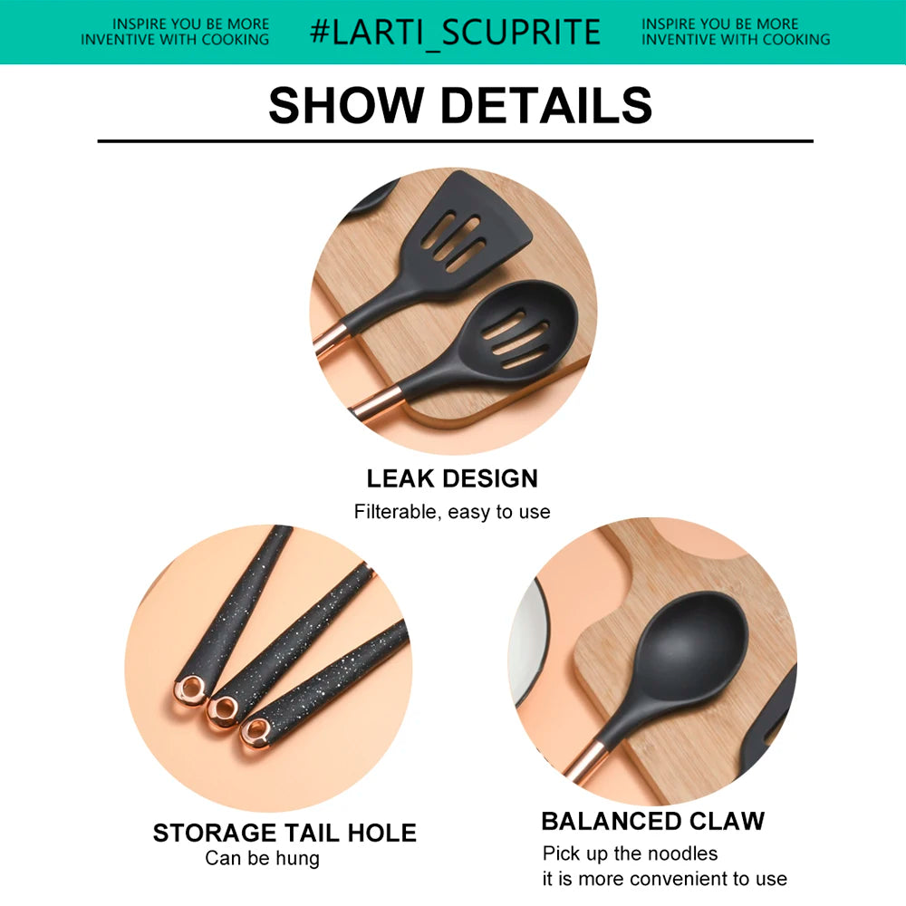 Gold Plated Handle Silicone Cooking Utensils Set Kitchen Non-stick Tool Gadgets BPA FREE Kitchenware Heat Resistant Spatula Set