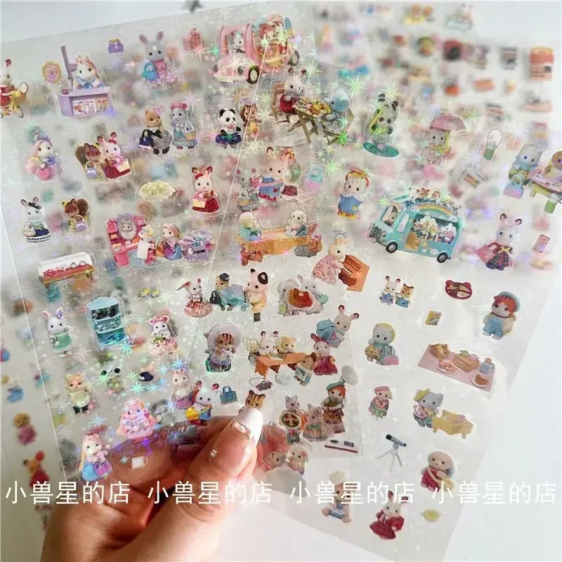 Sylvanian Families High-value Cute Double-transparent Sticker Scene Decoration Material Hand Account Waterproof Laser Star Toy