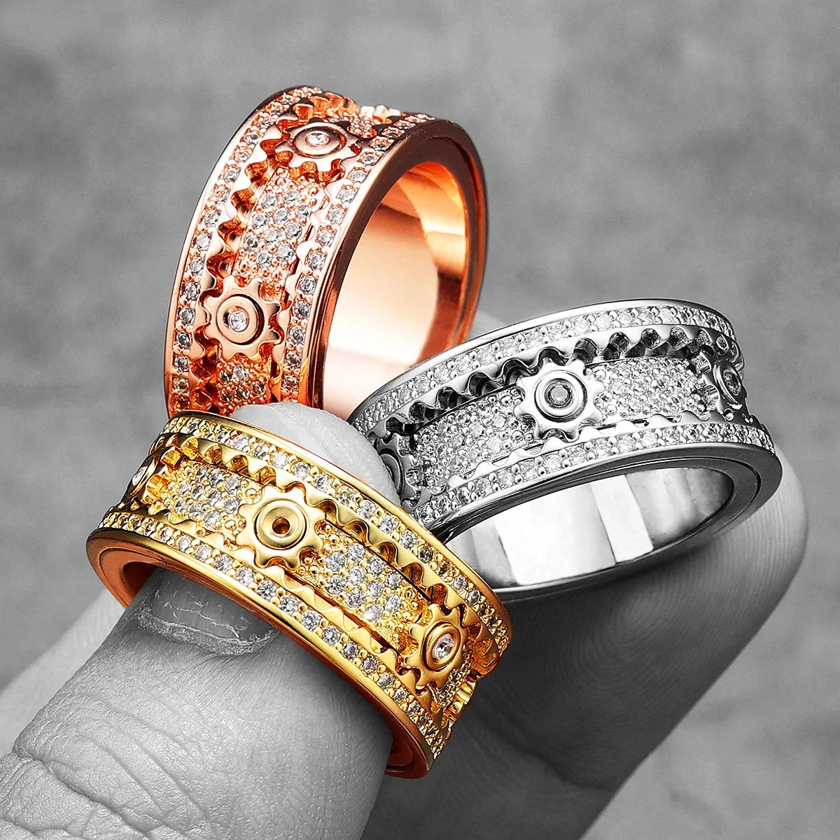 Fidget Spinner Gemstone Gear Men Rings Stainless Steel Women Jewelry Punk New in Rock Hip Hop Fashion Accessories Gift Wholesale