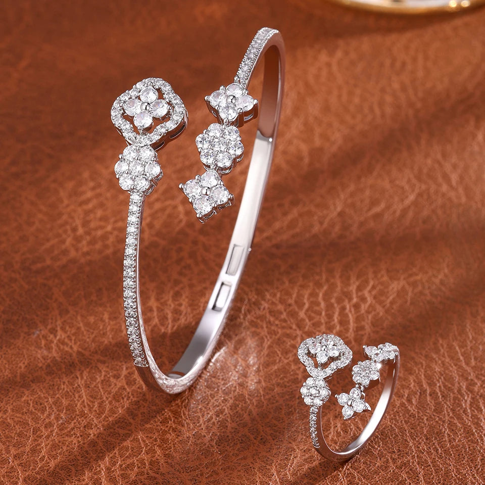ZAKOL 9 Styles Slivery Open Bracelet Ring Jewelry Set Luxury Shiny Zircon Middle East Trendy Jewelry for Women Gift