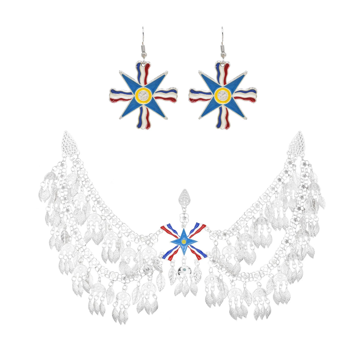 Silver Plated Assyrian Belt Hair Accessories Earrings for Women Kurdish Assyria Ethnic Colorful Flag Leaf Tassel Jewelry Sets