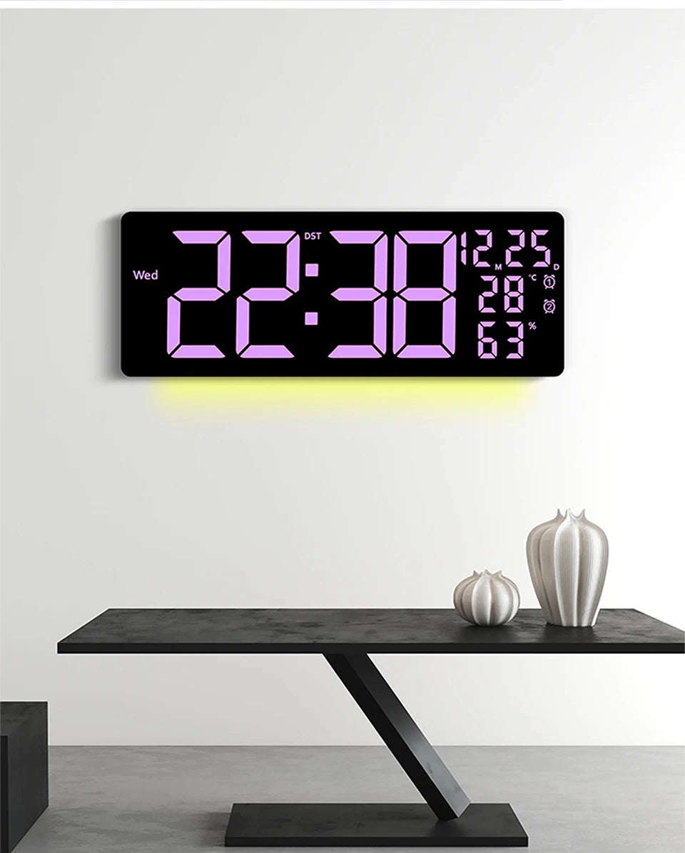 17" Large Digital Wall Clock 11Colors Dispaly & Dynamic RGB LED Clocks Temp Date Week Display Remote Control Dual Alarms Clock