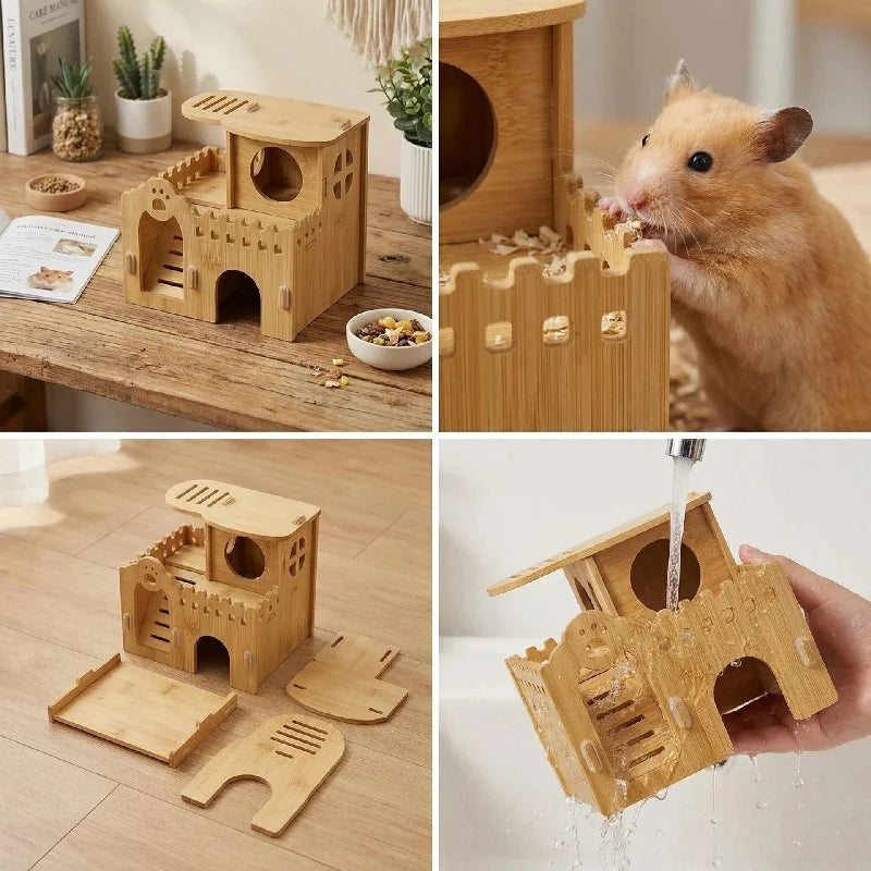 Bamboo Hamster Hideout House - All Season Winter Sleeping Nest for Golden Bear Small Pet Decor Landscape Cage Accessories