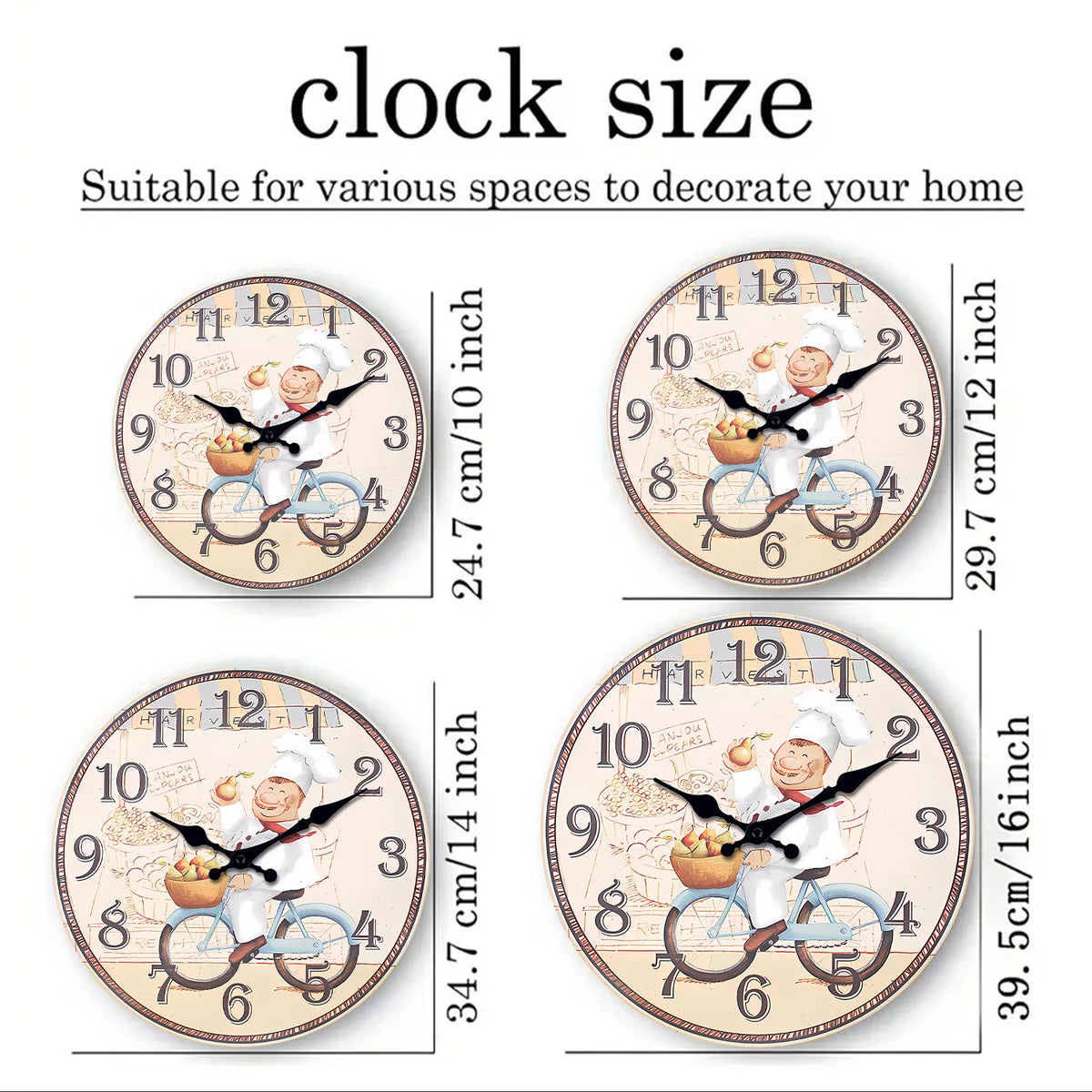 Vintage Italian Chef Riding a Bicycle Pattern Wooden Wall Clock Living Room Bedroom Kitchen Home Decor Silent Quartz Clock Holiday Gift 10 Inch 12 Inch 14inch 16inch (No Battery)