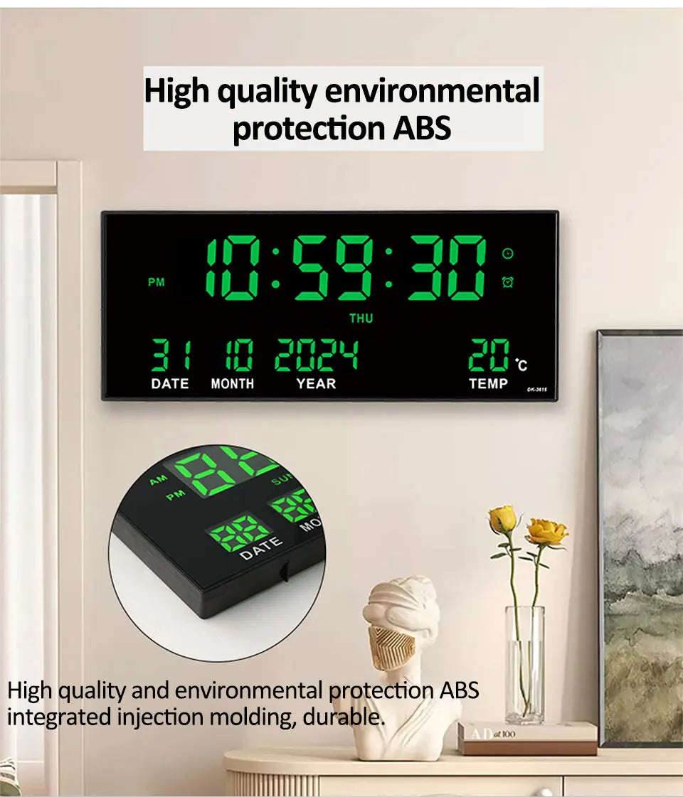 Digital Large Wall Clock Alarm Temperature Date Calendar Display 8 Sets of Alarm Clocks 14'' Electronic LED Clock Plug in Use