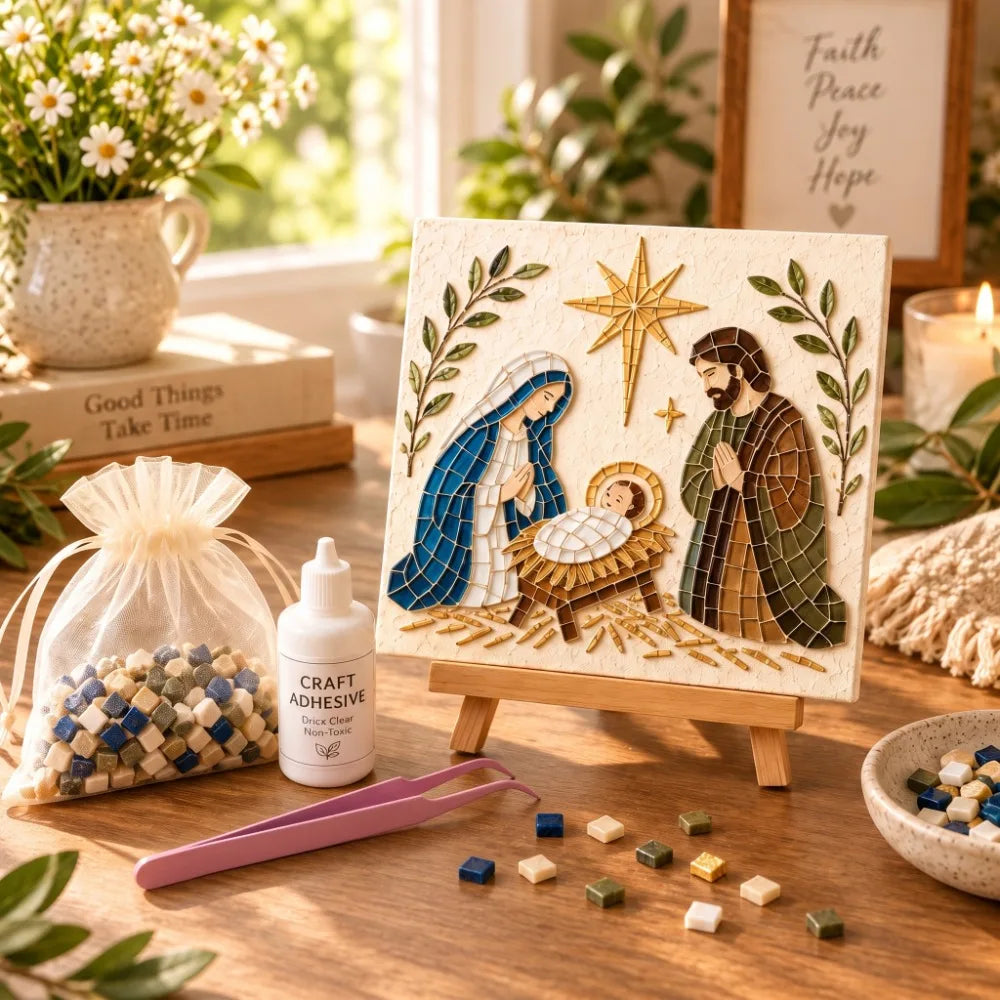 Religious Christmas Mosaic DIY Craft Kit, Glass Mosaic Tile Art Set with Easel, Glue & Tweezers, Kids Adult Handmade Decor Gift