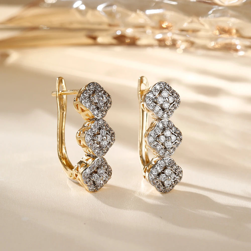 Leaf-shaped inlaid zircon earrings ring three-piece set copper plated 14K gold fashion luxury jewelry party set accessories
