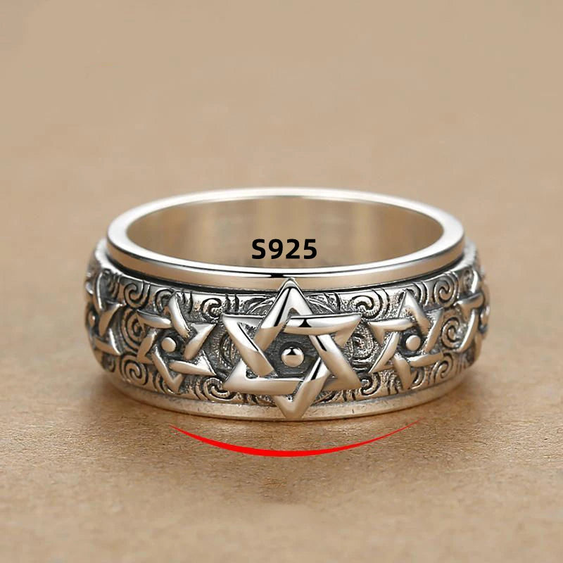 Rotatable S925 Sterling Silver Ring for Men  Vintage Retro Stars Auspicious Cloud Couple Band Women Index Finger Accessories