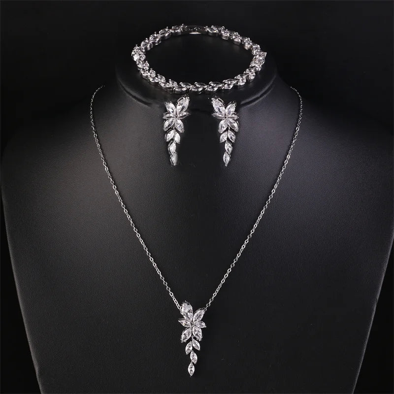 ZAKOL Luxury Cubic Zirconia Necklace Earrings Rings Set for Women Shinny Water Drop Leaf CZ Bridal Wedding Jewelry Sets