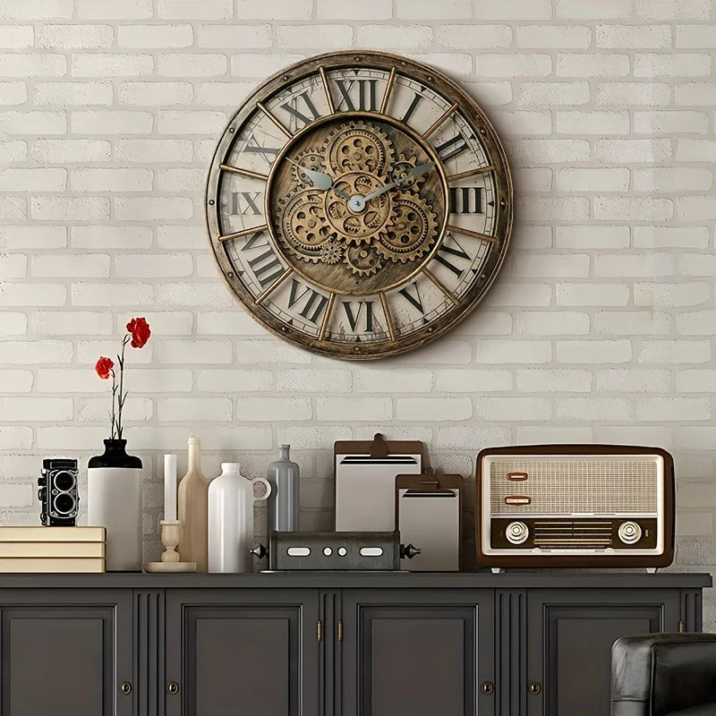 46cm Real Moving Gears Wall Clock Large Industrial Steam Punk Roman Numeral Wall Clock Living Room Home Decoration Quartz Clock