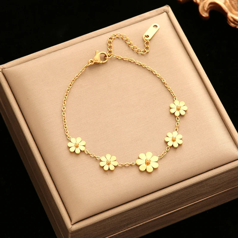 GANEMLY 316L Stainless Steel Daisy Flowers Necklace Earrings Bracelets For Women Fashion Waterproof Jewelry 4-Set Lady Gift