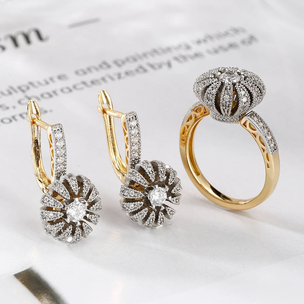 Petal Design Inlaid Synthetic Zircon Ring Earrings Ring suit Copper Plated 14K Gold Retro Fashion Jewelry Banquet Gift