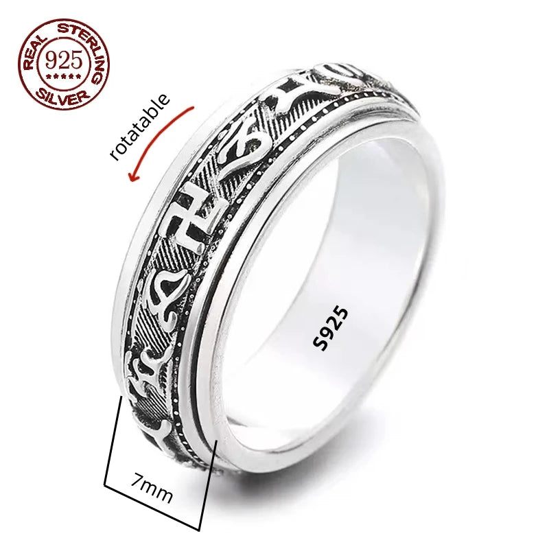 Rotatable S925 Sterling Silver Ring for Men  Vintage Retro Stars Auspicious Cloud Couple Band Women Index Finger Accessories