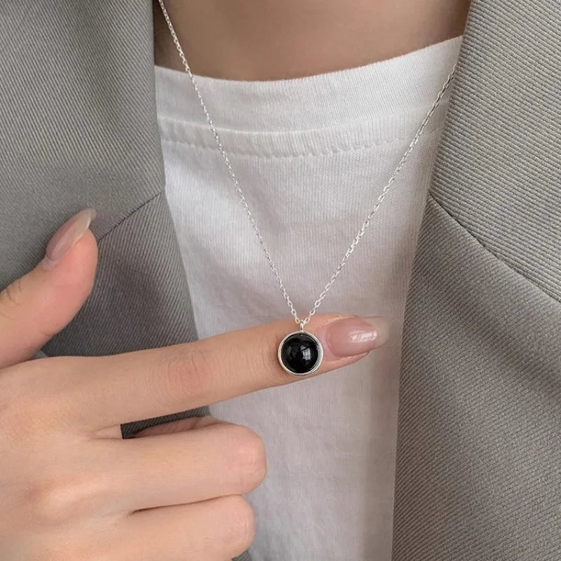 PANJBJ 925 Sterling Silver Onyx Necklace for Women Girl Concise Individuality Fashion Jewelry Birthday Gift Dropshipping