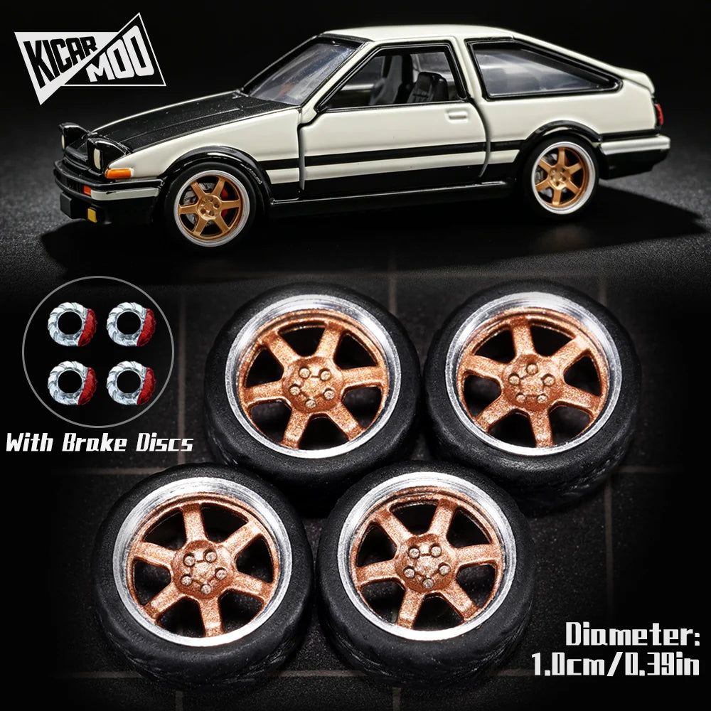 Kicarmod 1/64 Model Car ABS Wheels with Rubber Tire Brake Disc Metal Rims Diameter 10mm Refitting Parts For Model Car