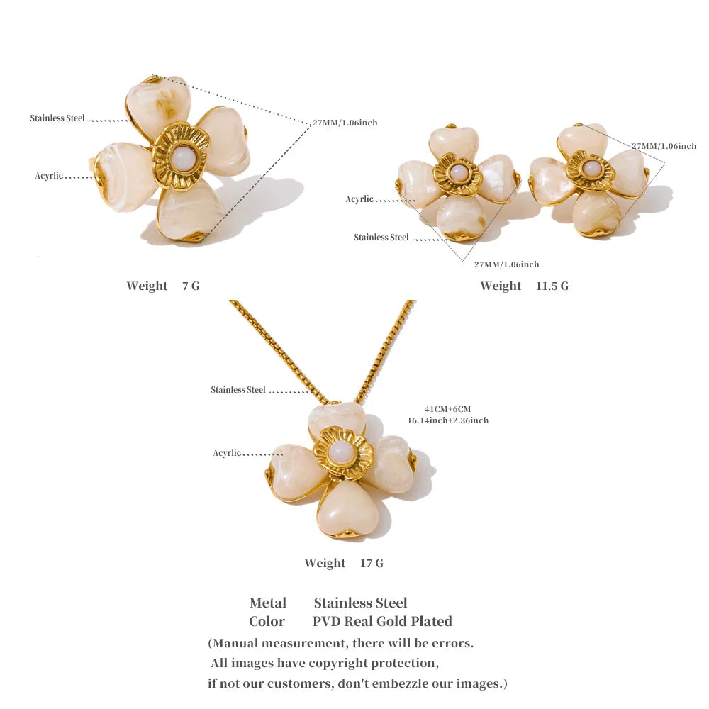 Yhpup Hot Style Acrylic Flower Pendant Necklace Earrings Ring Set for Women Stainless Steel Exquisite Jewelry Wholesale