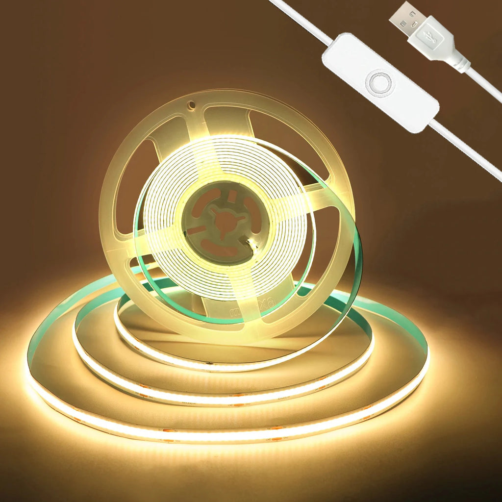 USB LED Strip Lights 5V 320LEDs/M Warm White COB LED Strip Flexible Lamp Tape DIY TV Mirror Backlight Kitchen Room Lighting