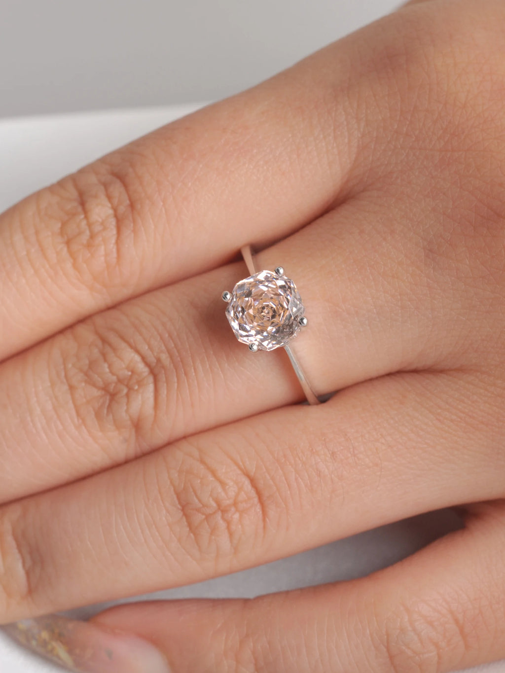 Potiy 2ct Octagon Rose Cut Morganite Pink Cubic Zirconia Solitaire Ring, 925 Sterling Silver Jewelry Gift for Women with