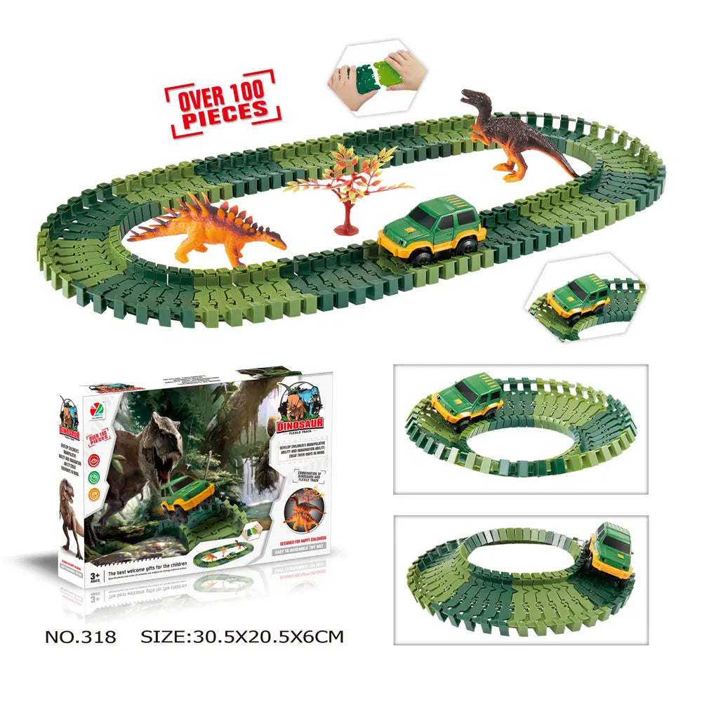 Dinosaur Railway Car Kids Track Racing Track Toys Set Bend Flexible Race Track Flash Light Car Educational Toys for Kids Gifs