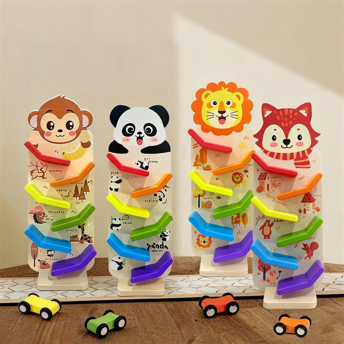 Wooden Animal Glider Car Early Education Focus Training Multi-layer Track Rolling Vehicle Parent-Child Interaction Toy for Kids