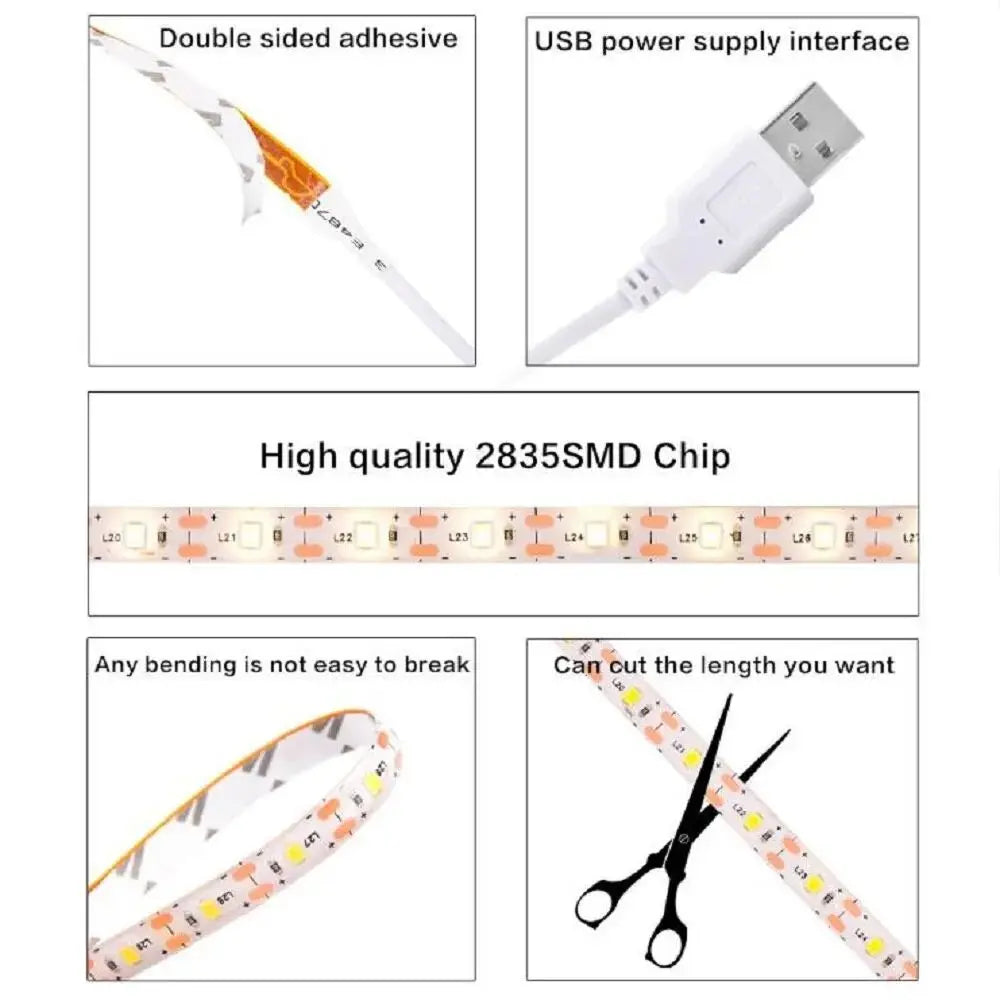 DC 5V USB LED Strip Light Touch Switch Dimmer Flexible LED Tape Ribbon 2835 DIY TV Backlight Mirror For Wardrobe Cabinet Decor