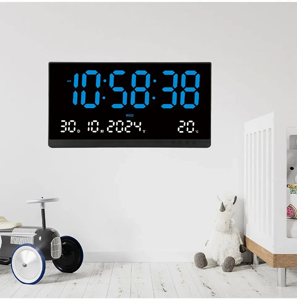 21 Inch Large Digital Wall Clock USB Powered Time Calendar 12/24H Time/Day/Month/Year/Temp Display Electronic LED Alarm Clock