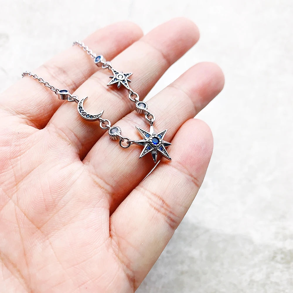 Royalty Star & Moon Necklace 2023 Spring New Link Chain Fine Jewelry Europe 925 Stering Silver Bijoux Trendy Gift For Women