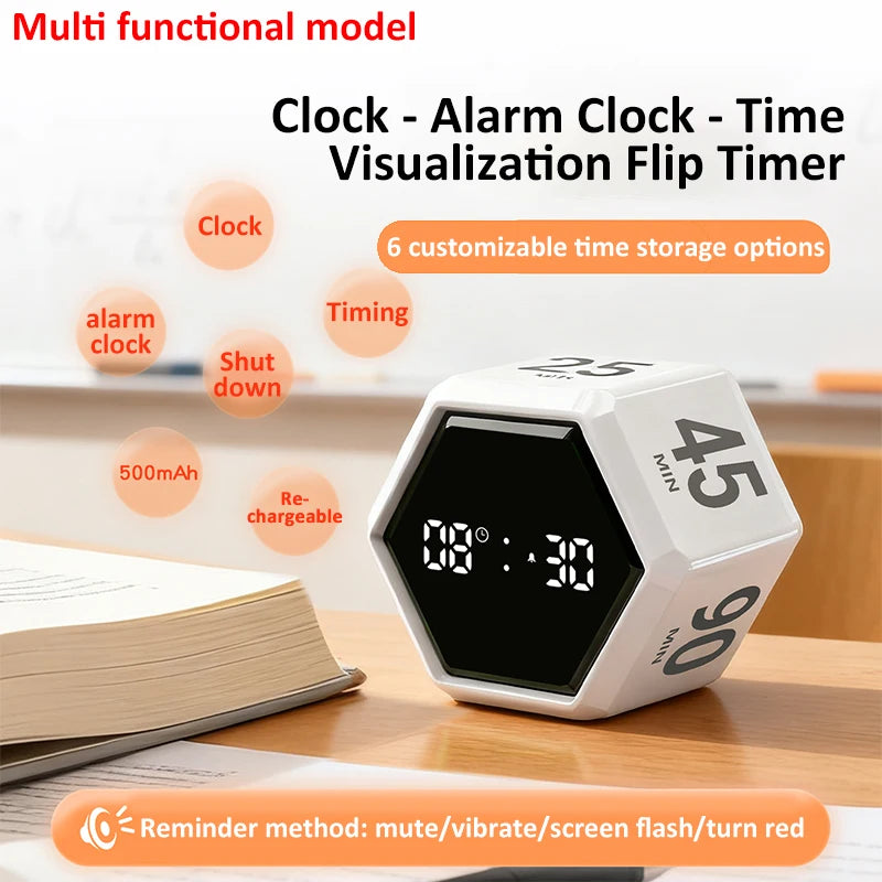 YS-1088 Productivity Flip Timer Gravity Sensor Countdown Visual Timer 6 Preset Time LED Display Cube Kitchen Timer Alarm Clock