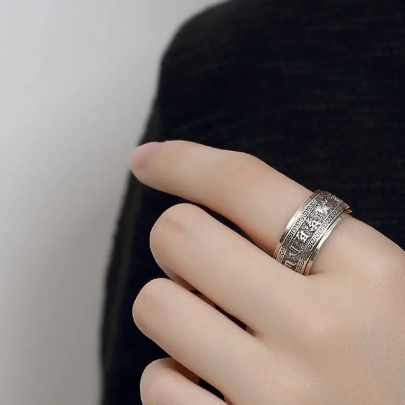 Factory Price S925 Sterling Silver Craft Mens Rings Rotable Stereoscopic Vintage Glossy Six-character Mantra Jewelry Gift