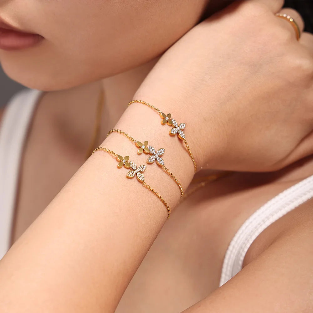 Necklace Bracelet For Women Stainless Steel Zircon Waterproof 4 Petals Flower Pendant Waterproof Chain Charm Jewelry Gift