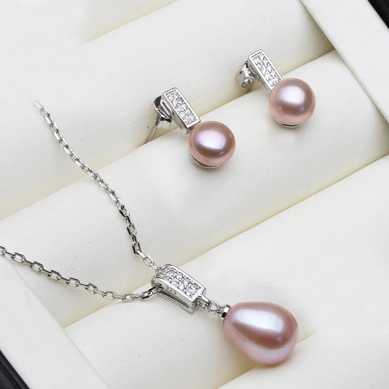 Beautiful 925 Silver Natural Freshwater Pearl Necklace and Earrings Jewelry Set For Women Wife Mother Engagement White Black