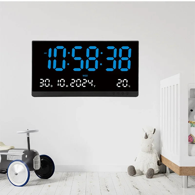 21 Inch Large Digital Wall Clock USB Powered Time Calendar 12/24H Time/Day/Month/Year/Temp Display Electronic LED Alarm Clock