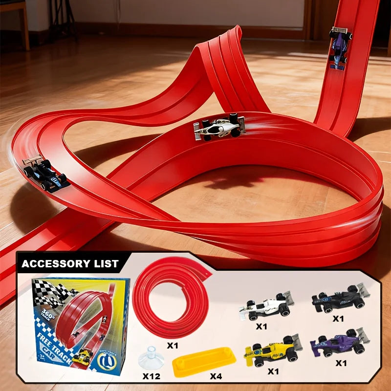 Flexible Race Track Toy Set | 4 Cartoon Cars, 360° Bendable Track, Indoor & Outdoor STEM Play
