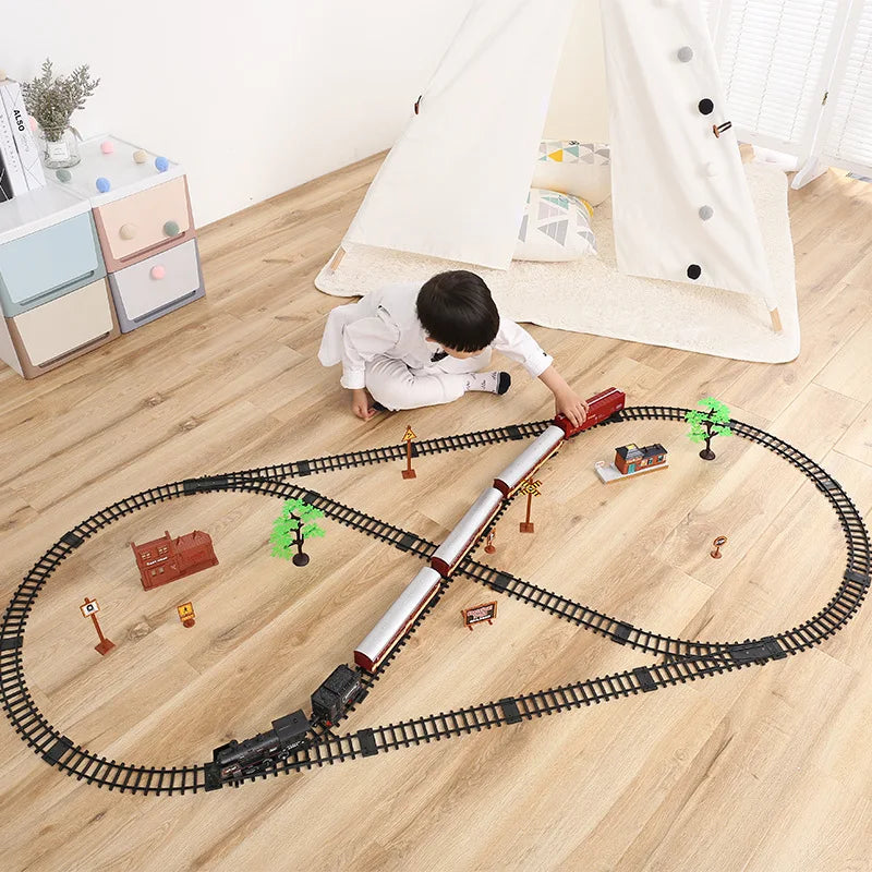 Kids Retro Electric Steam Train Rail Toys Classical Railway Freight Train High-Speed Tracks Train Model Boys Toys Christmas Gift