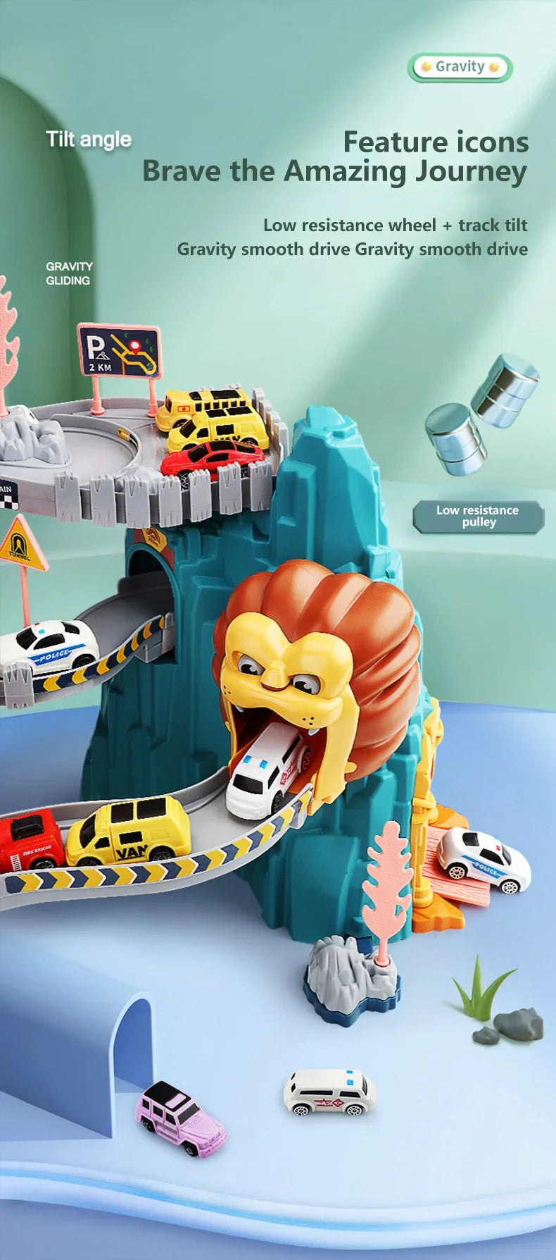 Lion King Mountain Large Adventure Race Track Vehicle Playset with Elevator Tunnel Assembly Building Car Track Toy